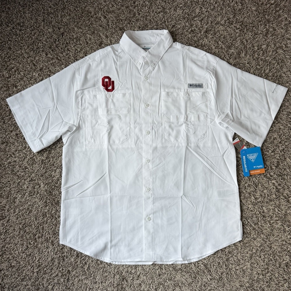 Columbia PFG Oklahoma Sooners OU White Fishing Shirt Men's Medium Short Sleeve